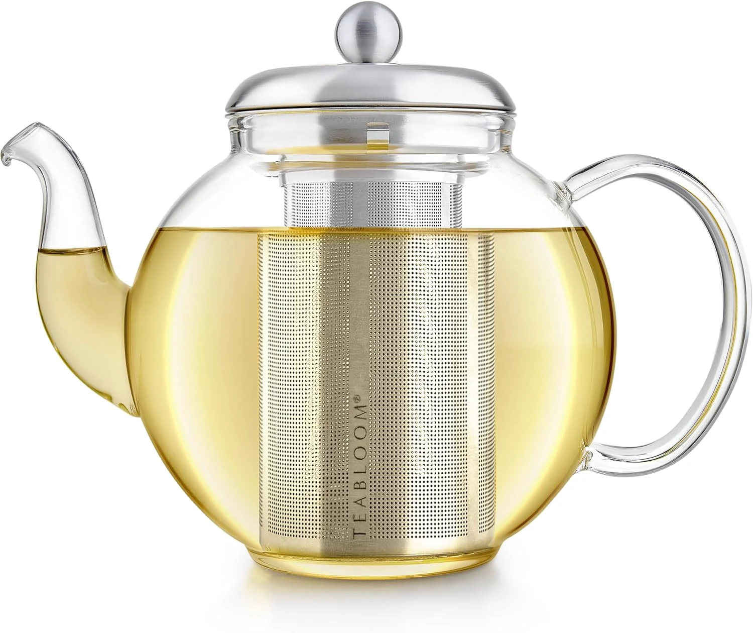 Premium Material Teabloom Heritage Borosilicate Glass Teapot – 40 oz Classic Round Design with Stainless Steel Infuser – Stovetop Safe Drip- Spout Prestigious