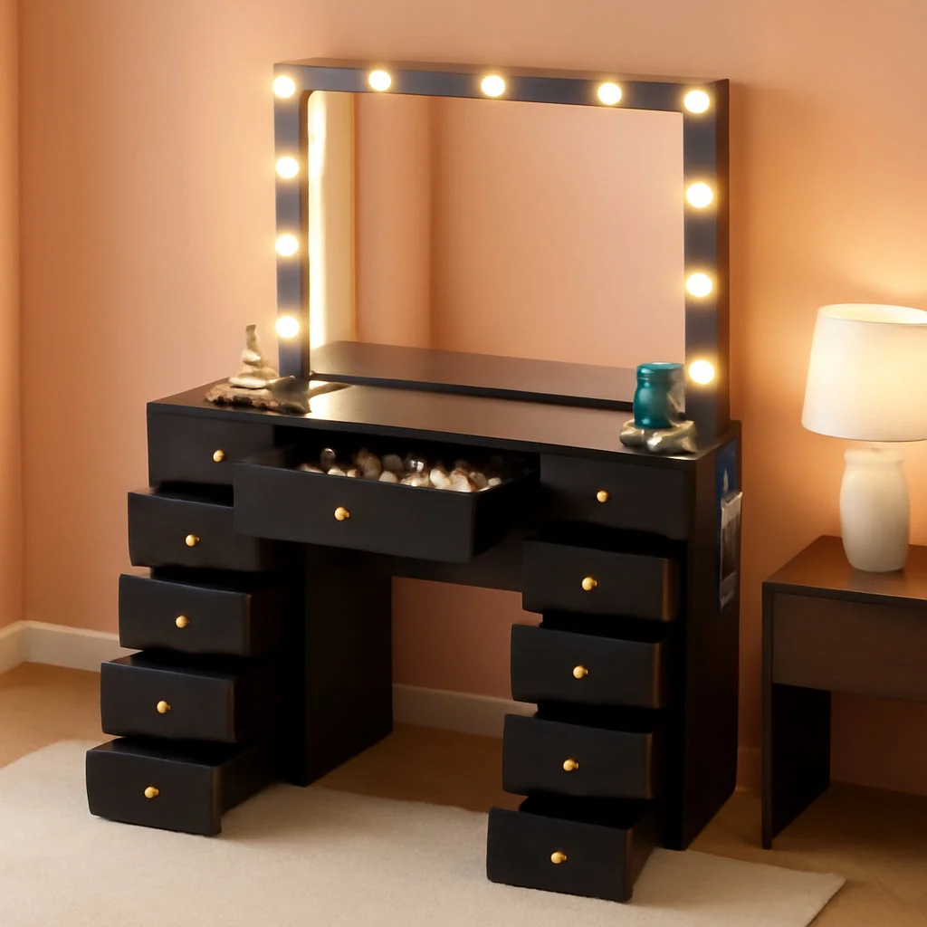 Comfortable 42-Inch Vanity Table Featuring Ultra LED Lighting Black Minimalist