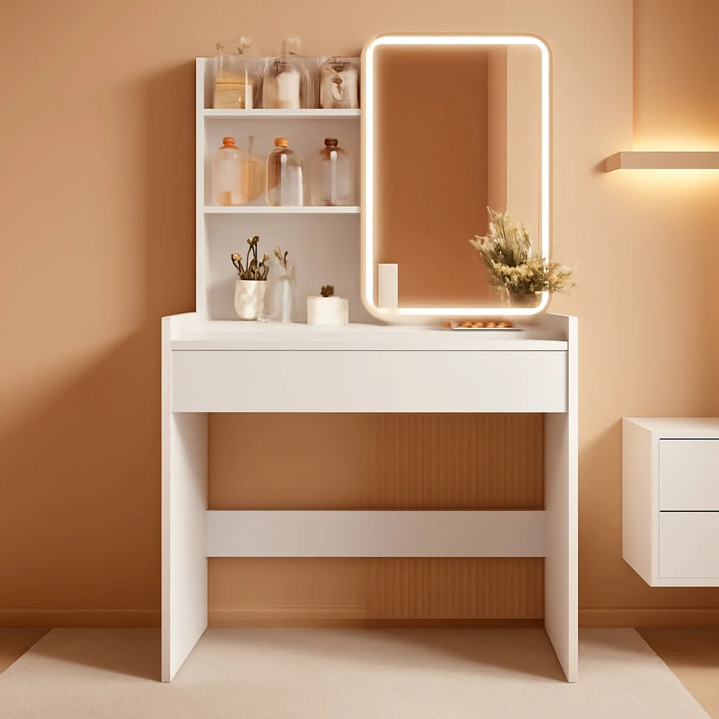 Lightweight White Vanity Desk Mirror Featuring Integrated Lighting Outstanding