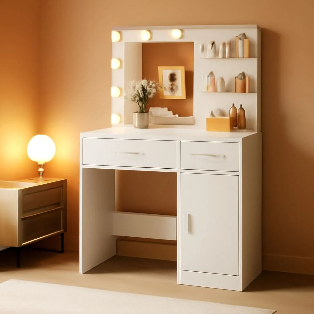 Flexible Luxurious White Vanity Desk Featuring Dimmable Mirror Selected