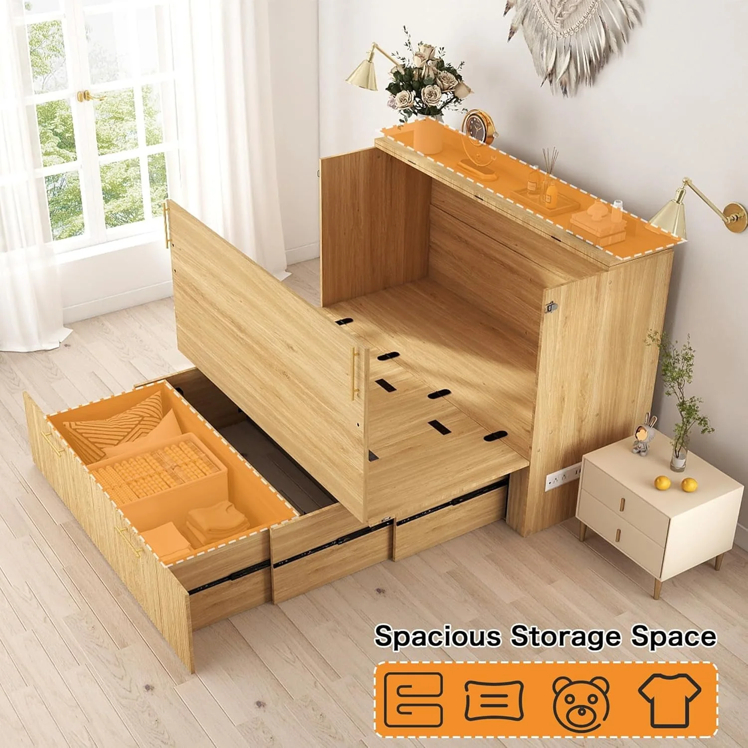 Fast Fullsize Oak Murphy Bed Cabinet With Integrated Charging Proven