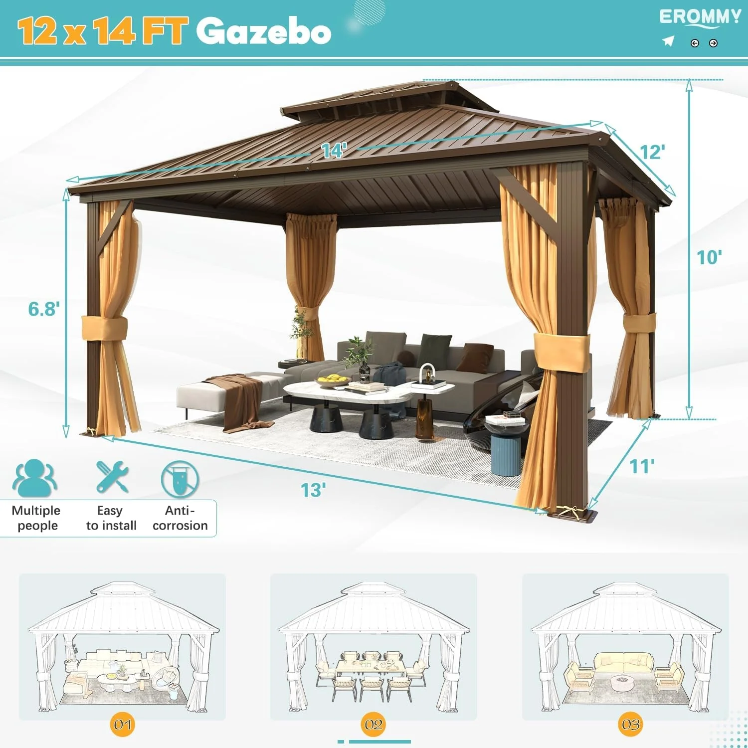 Smart 12×14 Hardtop Aluminum Gazebo Weatherproof Curtain Netting Specialty