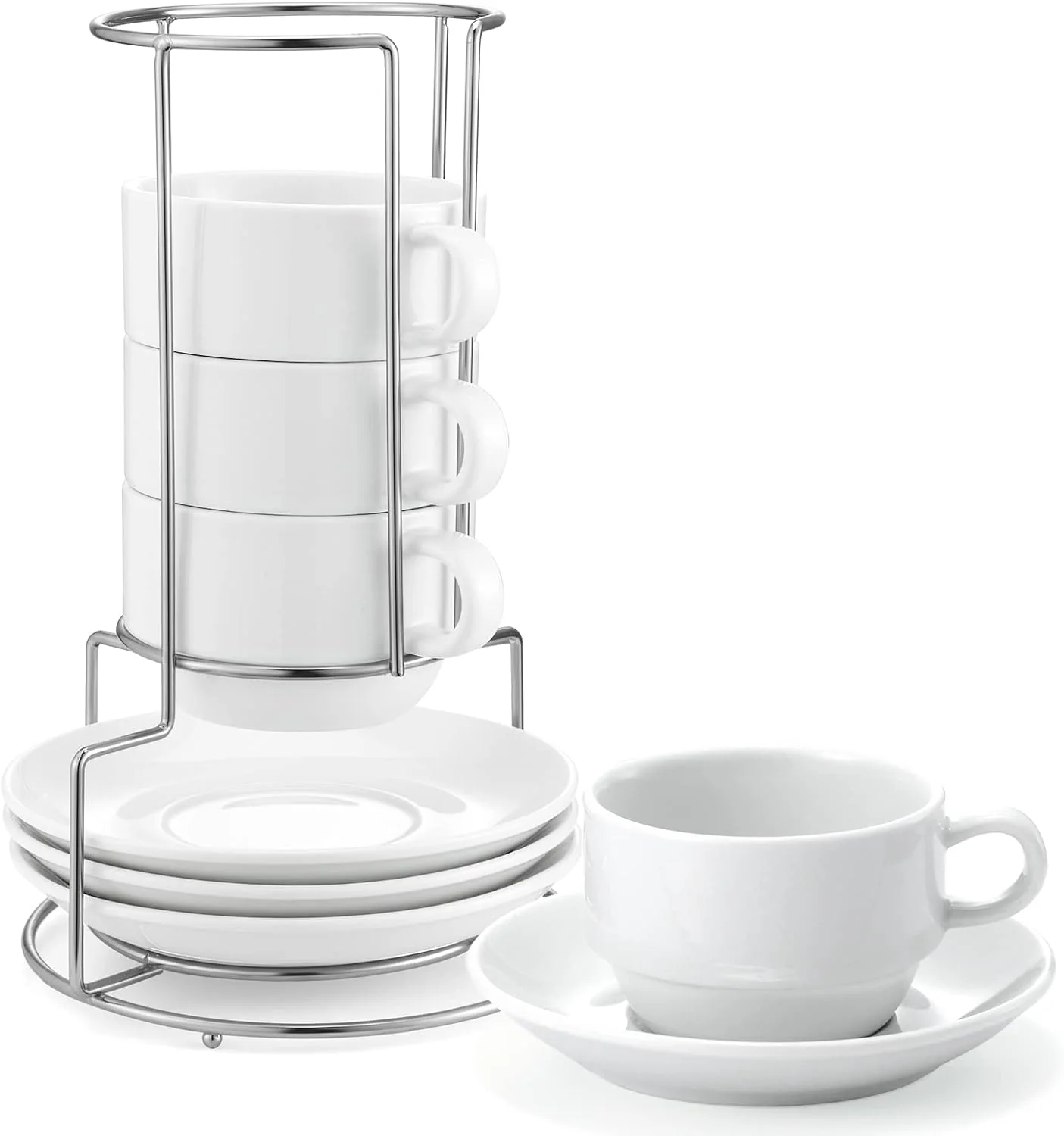 Secure Yedio Porcelain 4 oz Espresso Coffee Cups with Saucers and Metal Stand Porcelain White Stackable Cappuccino Cups Set of 4 Eco-Friendly