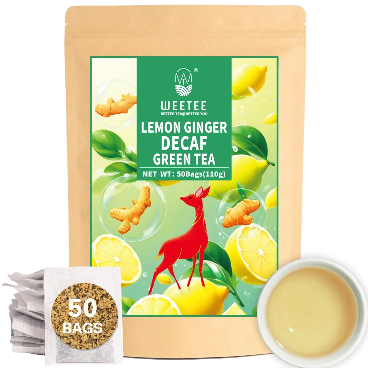Premium Material WT Weetee Lemon Ginger Decaf Green Tea Bags 50 Counts Made of Decaffeinated Green Tea Ginger Natural Lemon Flavor Clean Fresh First-Class