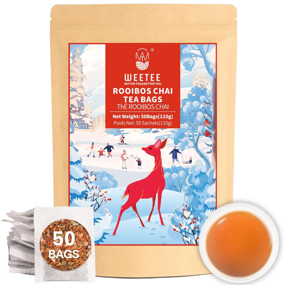 Original WT Weetee Rooibos Chai Tea Bags South African Red Tea with Cinnamon Cloves Cardamom Natural Caffeine- Herbal Tea 50 Counts Spiced Rooibos Tea Verified