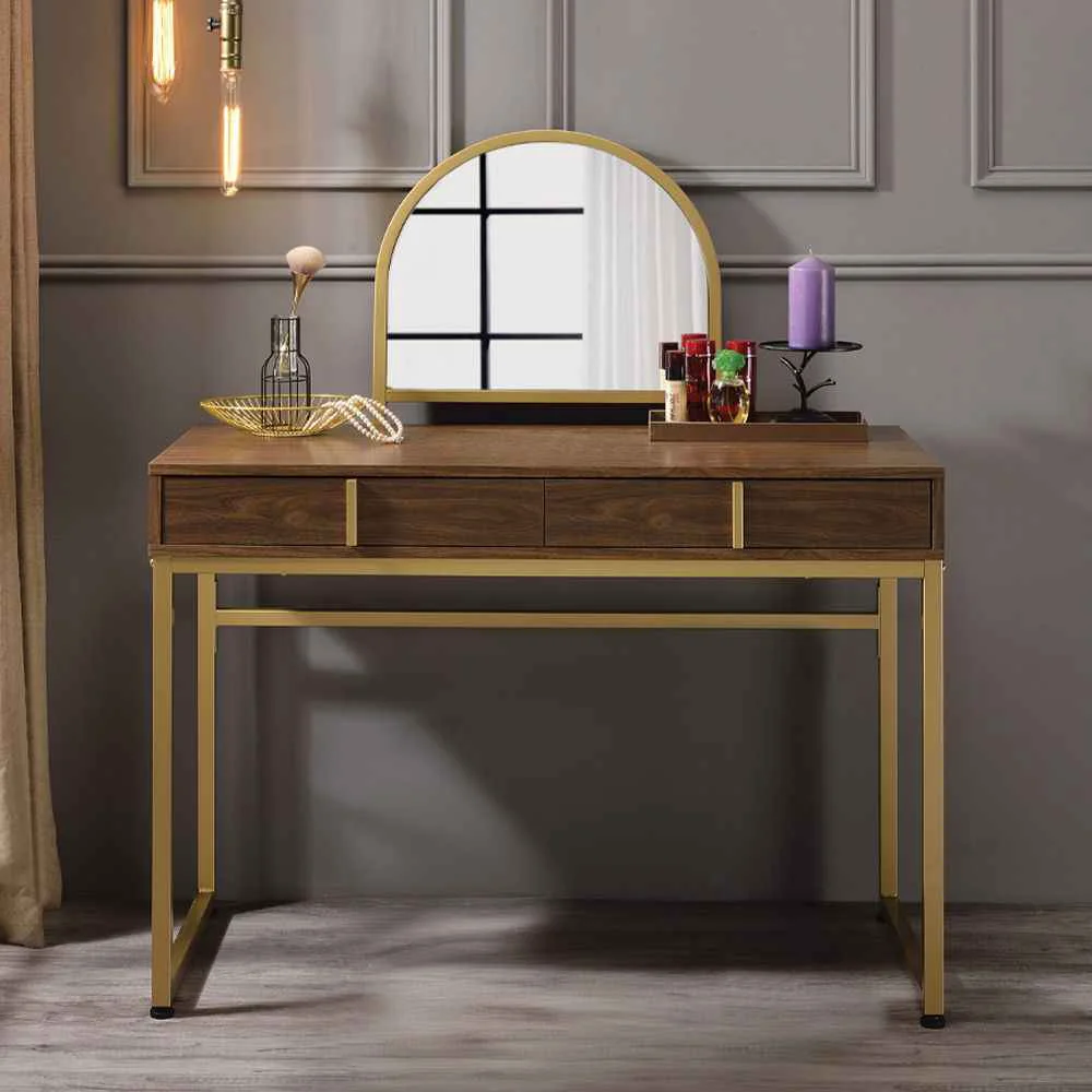 Effective Coleen – 50 Vanity Desk With Mirror Jewelry Tray – Walnut Gold Elite