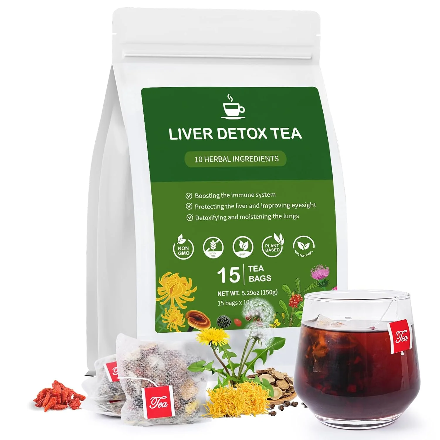 Carefully Designed Liver Detox Tea Chinese Kidney and Liver Cleanse Detox Herbal Tea Support Kidney Healthy Function with 11 Precious Ingredients Formula 1 Pack 15 Bags Consistent