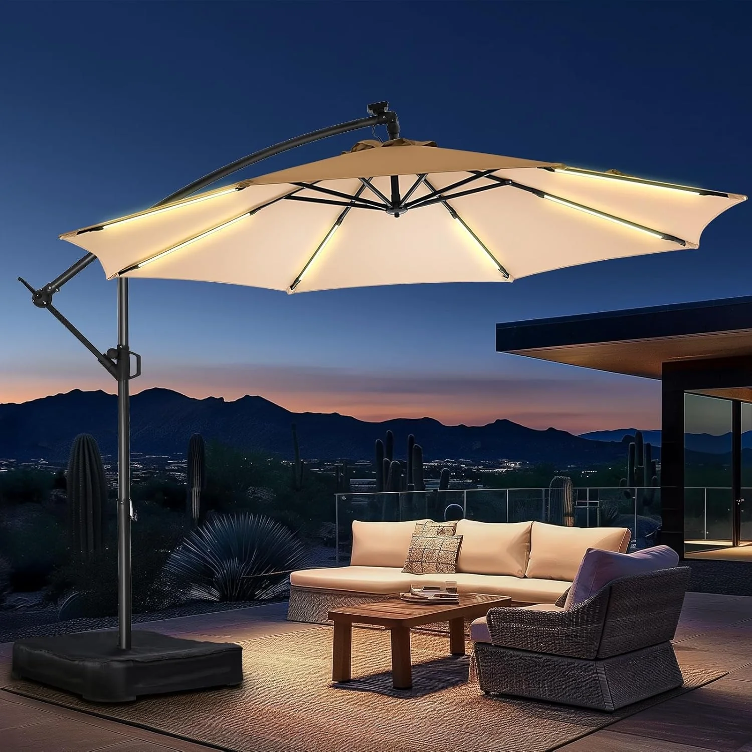 Natural 10Ft Offset Patio Umbrella Weatherproof LED Lights Effective