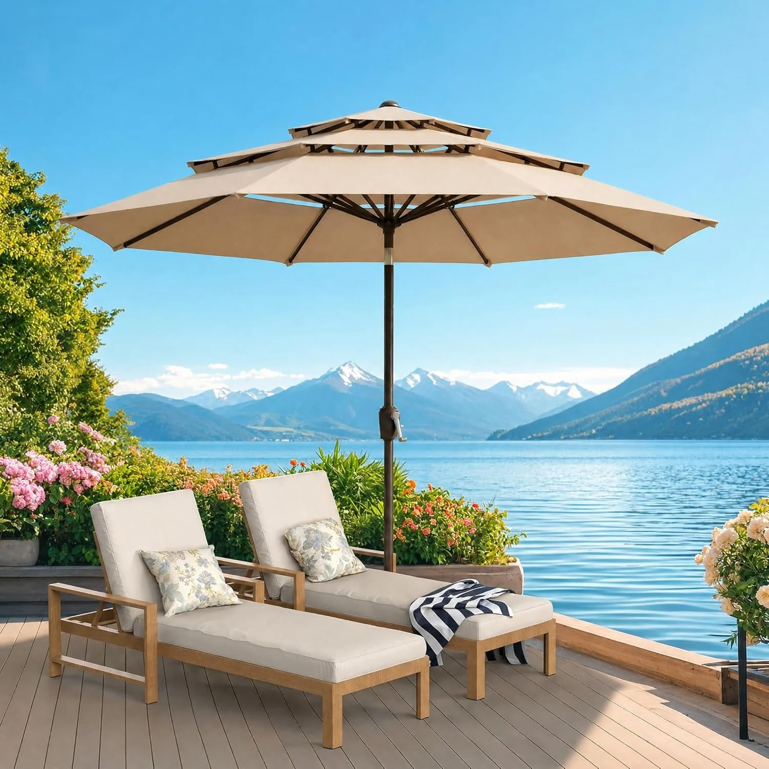 Fine 10Ft Champagne Fiberglass Ribs Patio Umbrella Push Button Tilt Elite