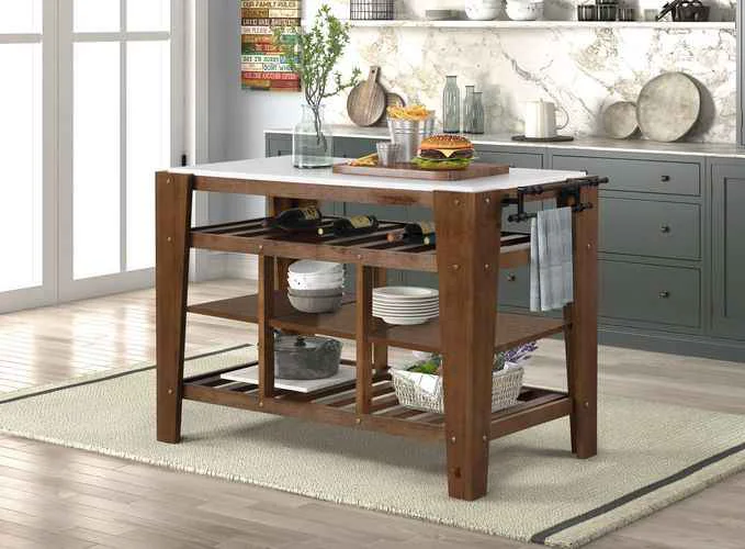Expertly Made Alaroa – Kitchen Island – Marble Top Rustic Brown Flexible