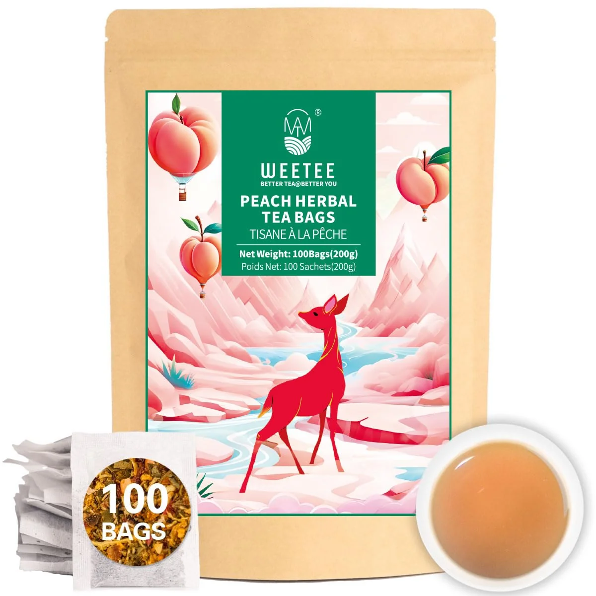 Functional WT WEETEE Peach Herbal Tea Bags 100 Count Bright Juicy amp Fruity Infusion Caffeine- Blend with Rose Hip Orange Peel Chamomile amp Natural Peach Flavor Daily Wellness Tea for Hot or Iced Enhanced