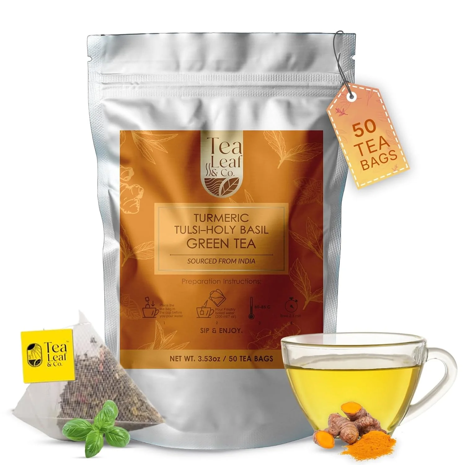 Traditional Turmeric Peppermint amp Basil Tulsi Green Tea Loose Leaf 3.5oz 50 Tea Bags Premium Material
