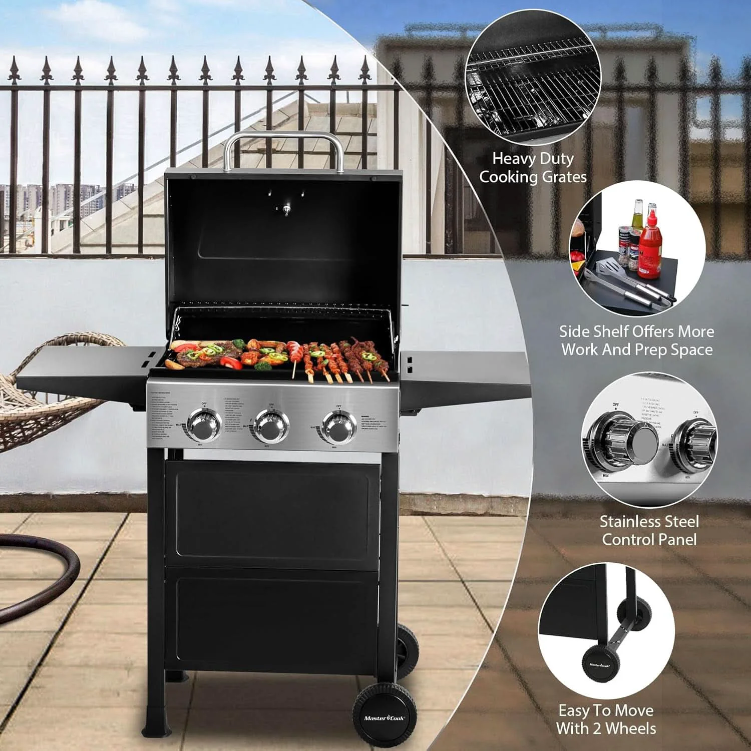 Flexible 3-Burner Propane Gas Grill With Foldable Side Shelves 30 000 BTU Stain Luxury