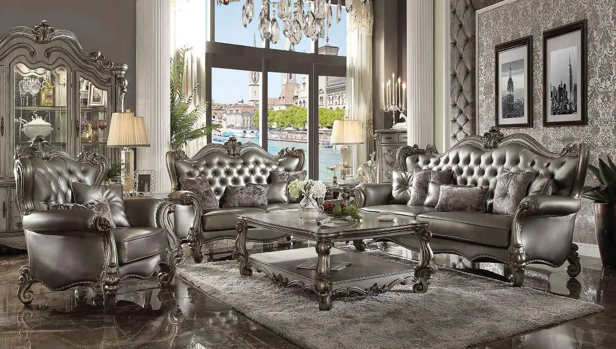 Advanced Versailles – Sofa With 6 Pillows – Silver Synthetic Leather Antique Platinum Exceptional
