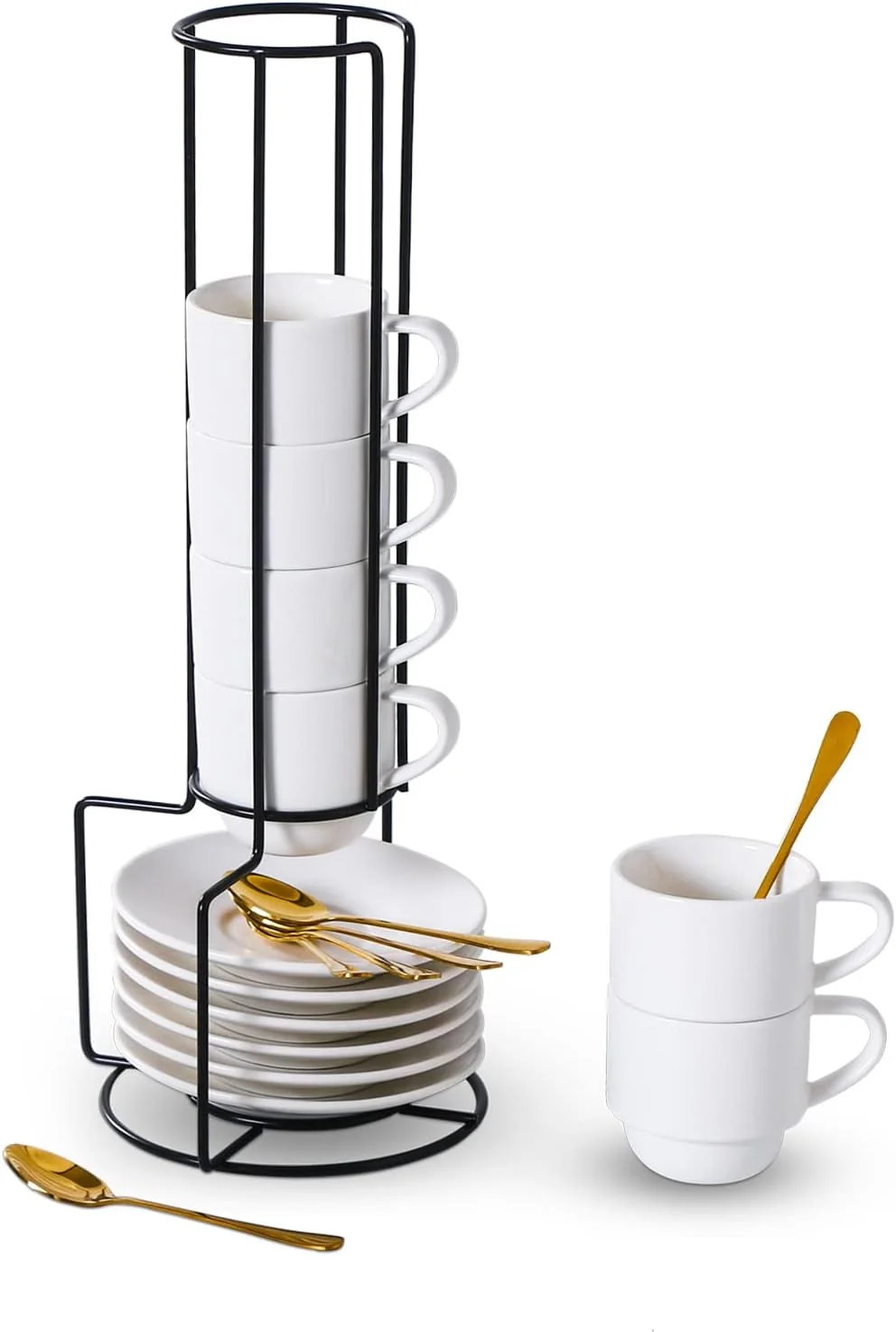 Stylish Lareina Porcelain Stackable Espresso Cups with Saucers Spoons and Metal Stand 3 Ounce Small Coffee Cups Set of 6 – Ceramic Demitasse Mugs White Versatile