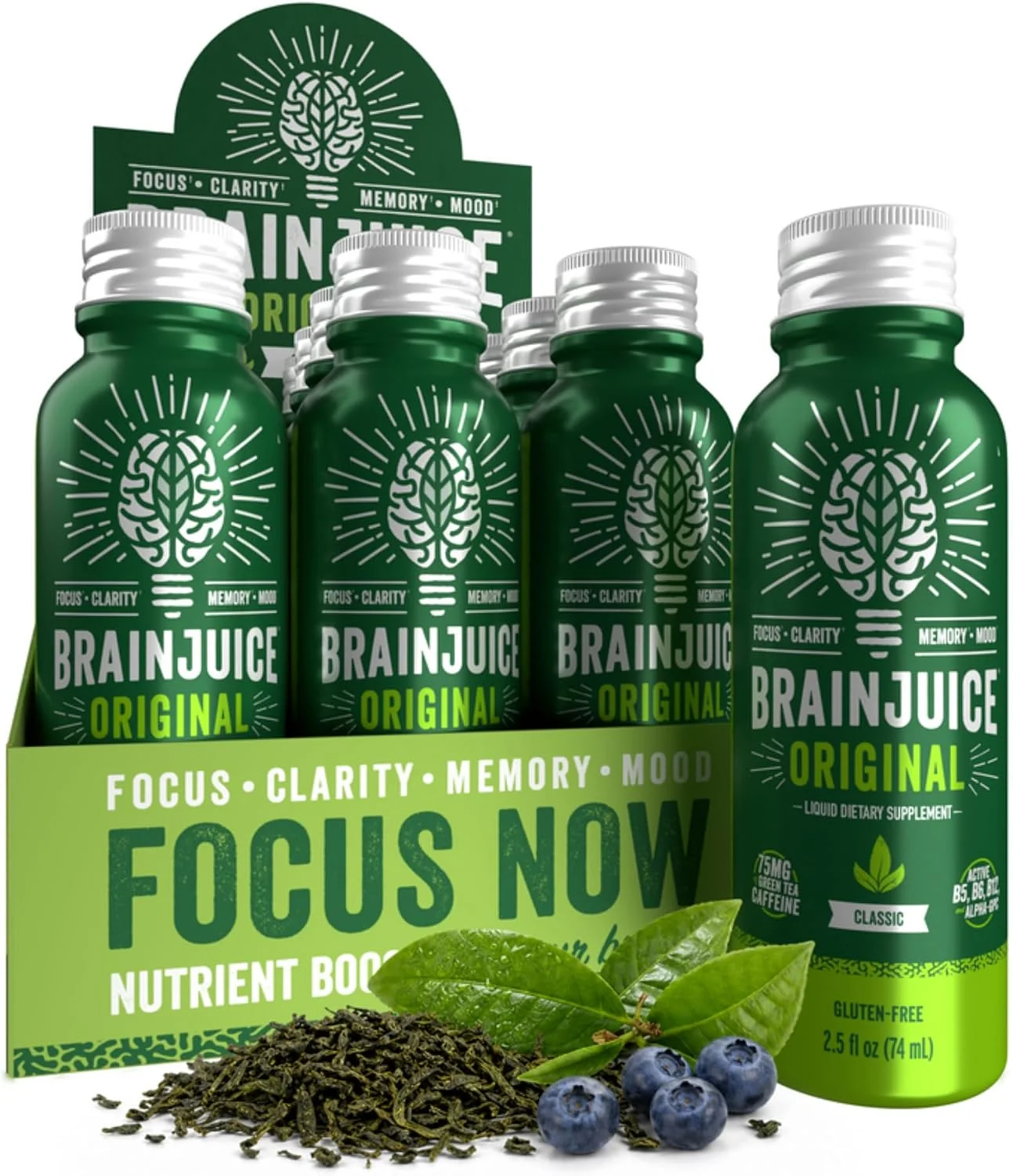 Functional BrainJuice Classic Green Tea Nootropic Supplement Shot 2.5 fl oz 12 Pack Eco-Friendly