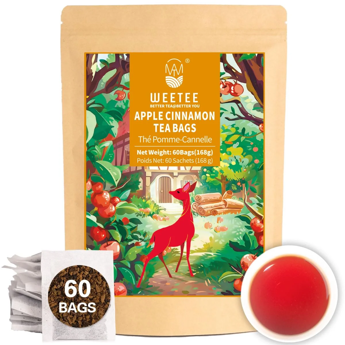 Contemporary WT Weetee Apple Cinnamon Herbal Tea Bags 60 Count Blend of Sweet Cinnamon Tart Hibiscus Natural Flavoring Caffeine- Verified