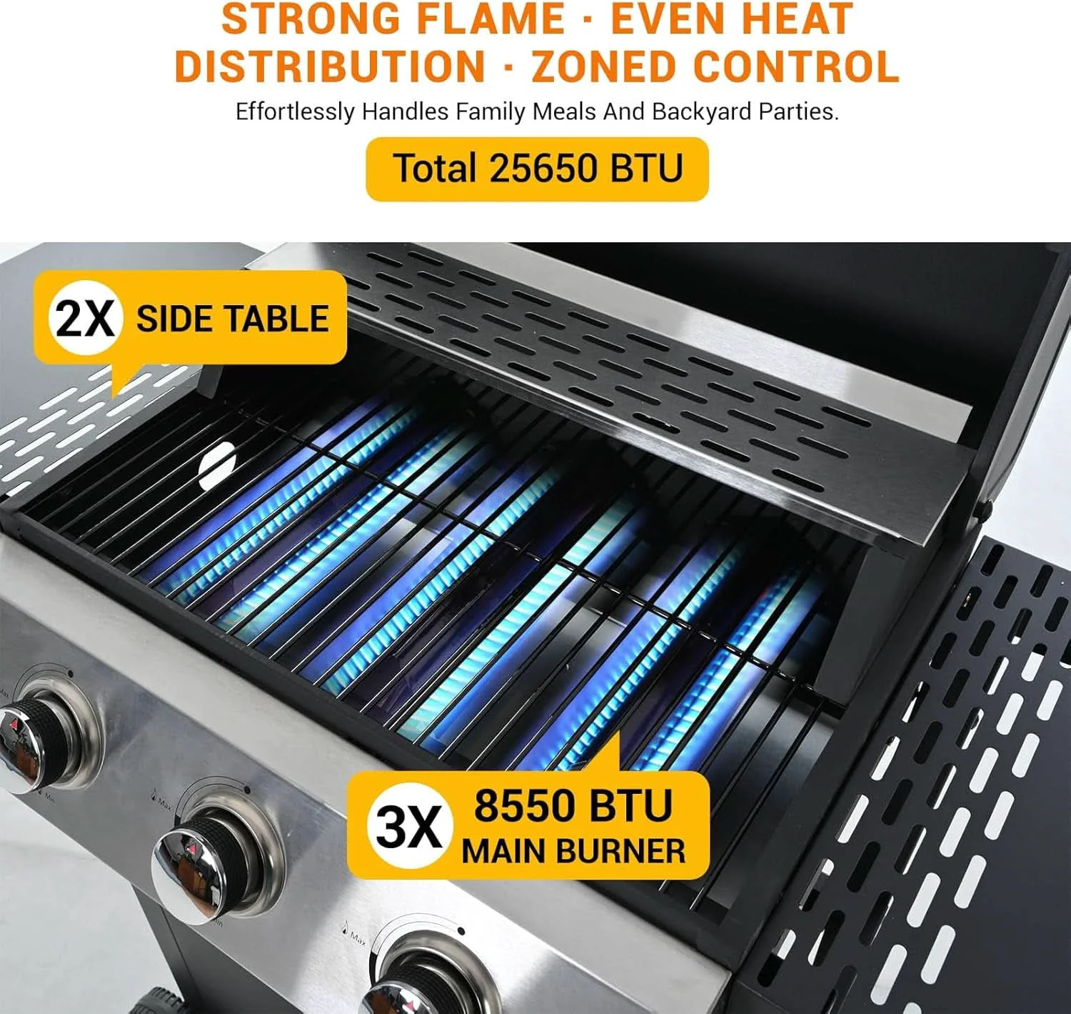 Dependable Stainless Steel Three Burner Propane Grill 25650BTU High-Grade