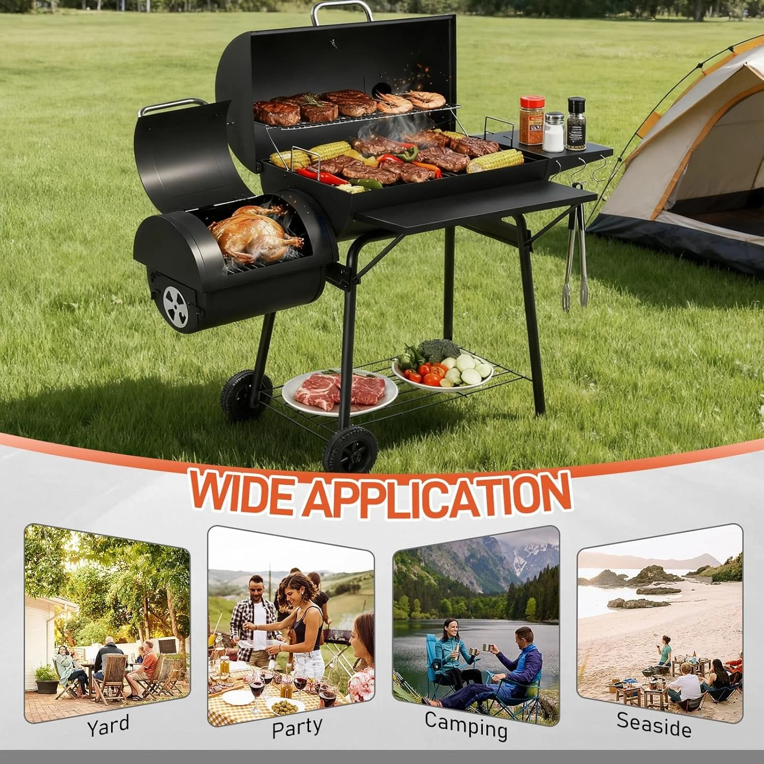 Fine Barrel Charcoal Grill With Offset Smoker Large Capacity Verified