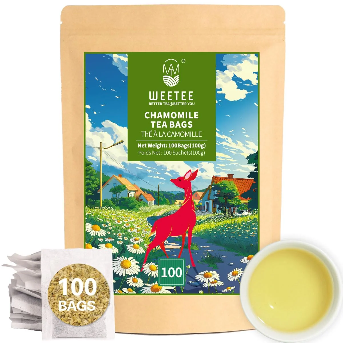 Pure WT WEETEE Chamomile Tea Bags 100 Count Caffeine- Herbal for Bedtime Elite