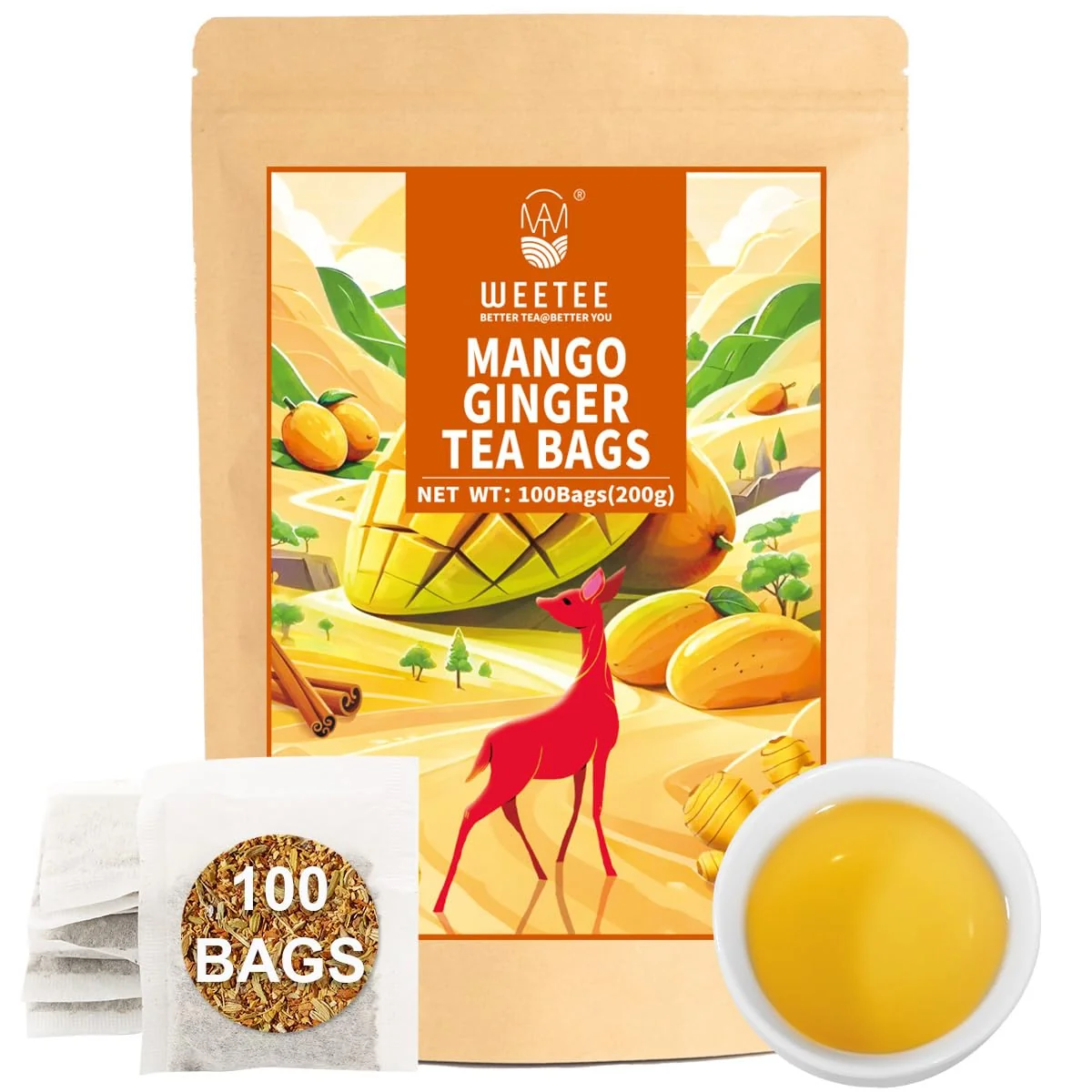 High-Performance WT WEETEE Mango Ginger Tea Bags 100ct Caffeine- Tropical amp Spicy Blend Flavored Ginger Herbal Tea Includes Cardamom Fennel Cinnamon Rooibos Licorice More Warming Spice amp Sweet Tropical Notes Green