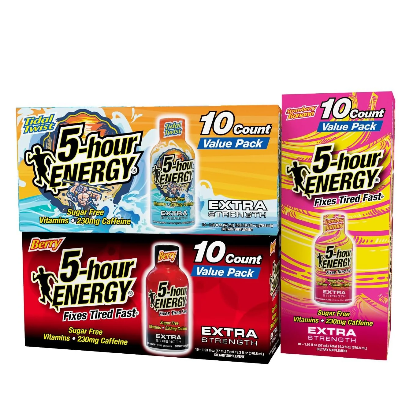 Consistent 5-Hour Energy Extra Strength Shots Variety Pack 30 Count 1.93 fl oz – Extra Strength Berry Tidal Twist Strawberry Banana Flavors Professional