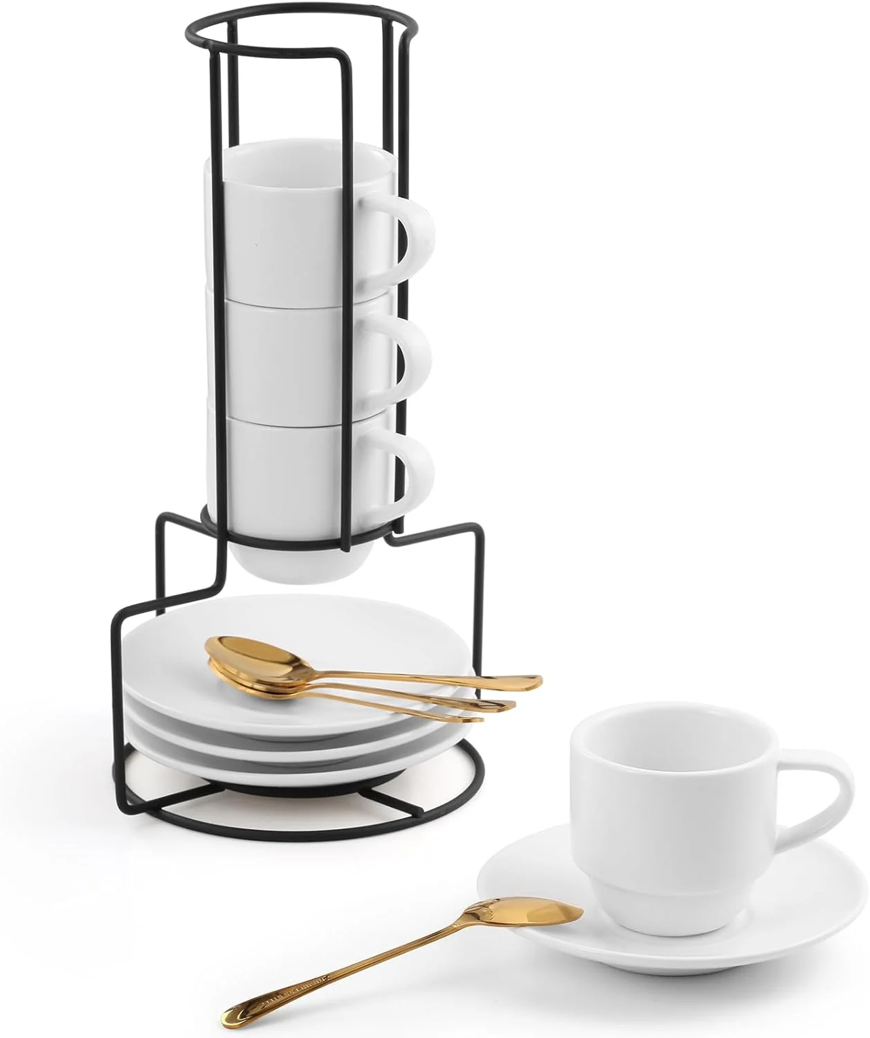 Refined Lareina 3-Ounce Espresso Cups with Saucers Spoons and Metal Stand Small Stackable Coffee Cups Set of 4 Ceramic Demitasse Mugs White Elegant