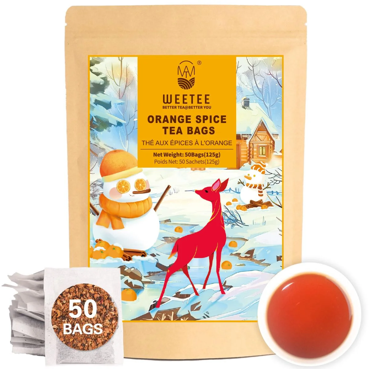 Genuine WT WEETEE Orange Spice Herbal Tea Bags 50count Caffeine- w o Black Tea Warming Winter Blend for Holidays Hot or Iced Sweet Spiced Citrus Tea with Cinnamon Clove Hibiscus amp Orange Peel Superior