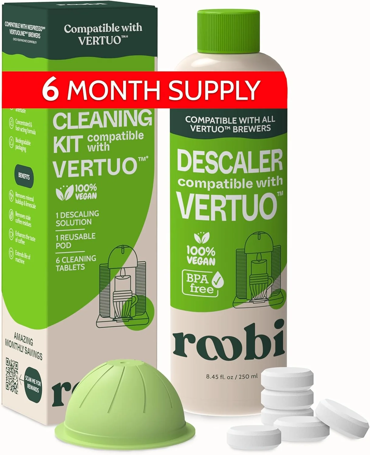Environmentally Friendly Nespresso Compatible Vertuo Cleaning Descaling Kit. Includes 1 Bottle of Descaling Solution 6 Cleaning Tablets and 1 Reusable Pod Exceptional