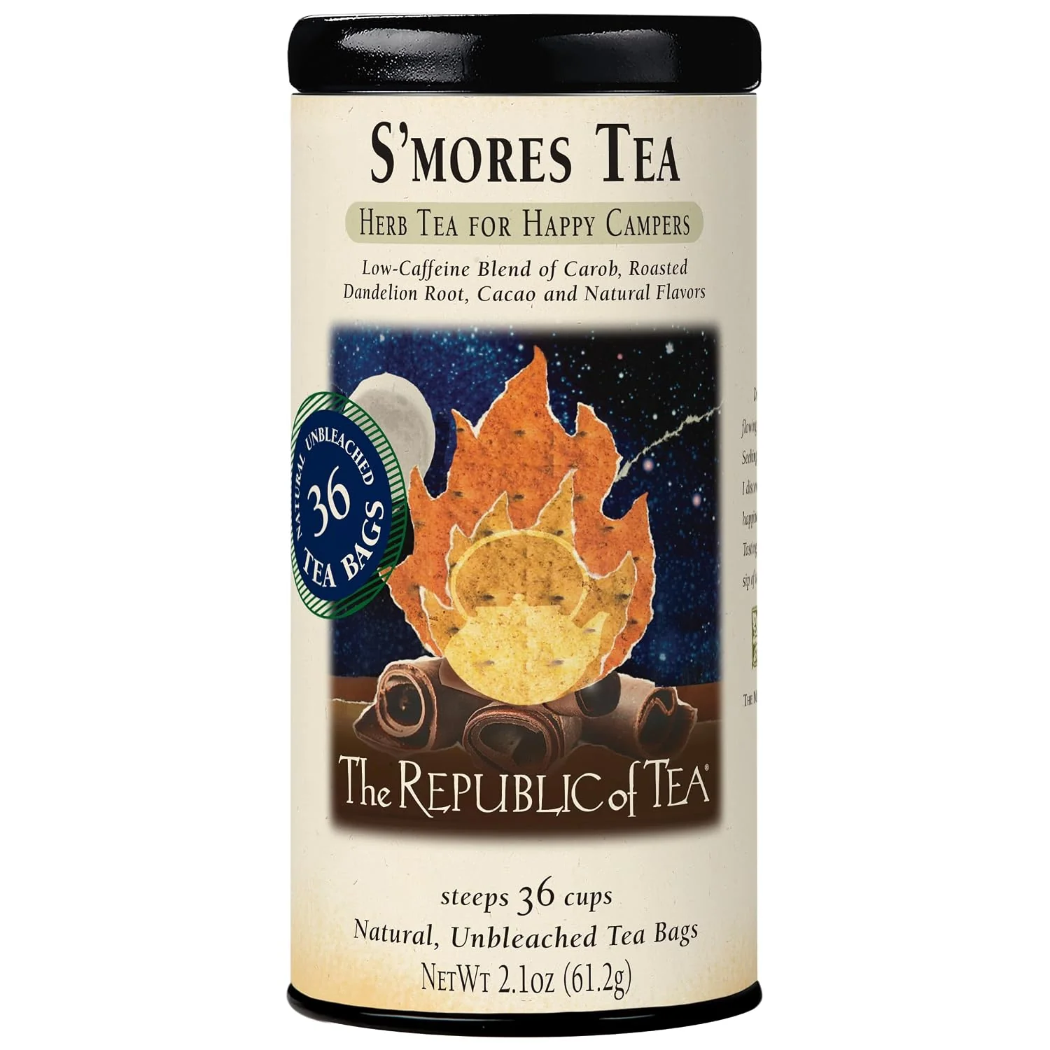 Traditional The Republic of Tea S’mores Herbal Tea Caffeine 36 Count Suitable for day or evening . Smooth and rounded with notes of cocoa richness and roasted root. Gluten and Kosher. Premium Material