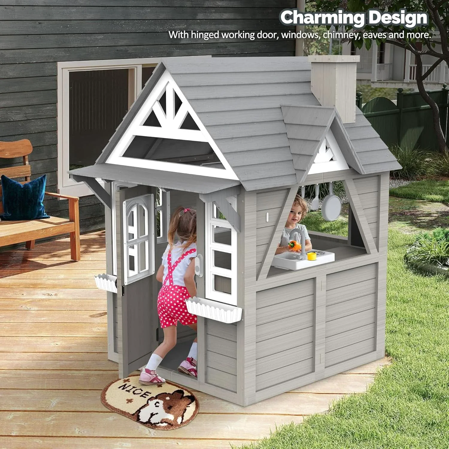 Effective Gray Weatherproof Outdoor Wooden Playhouse With Sink Natural