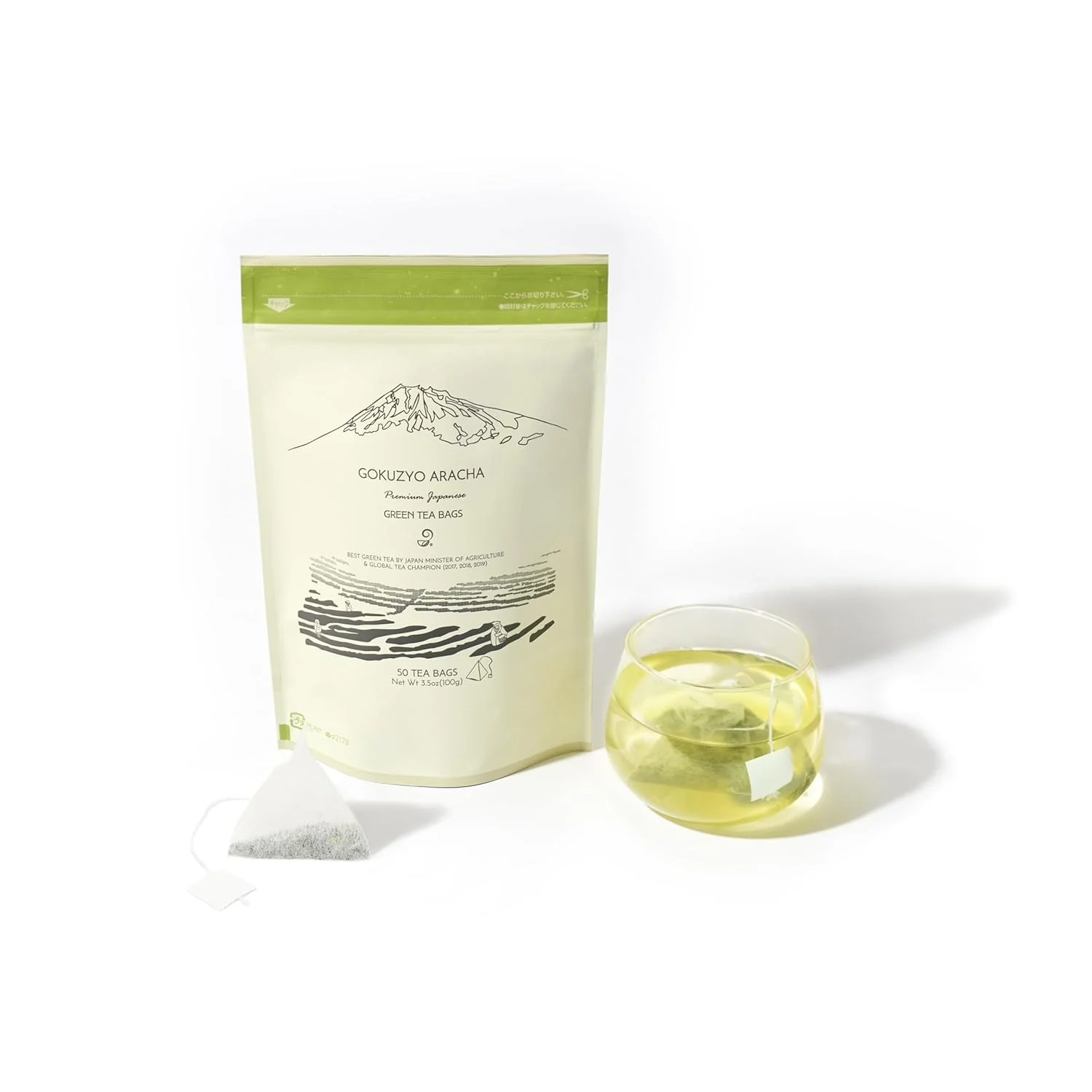 Next-Generation Japanese Green Tea Co. Aracha Gokuzyo Japanese Green Tea Bags 50 Pack Biodegradable Soilon Pyramid Sachets Eco-Friendly