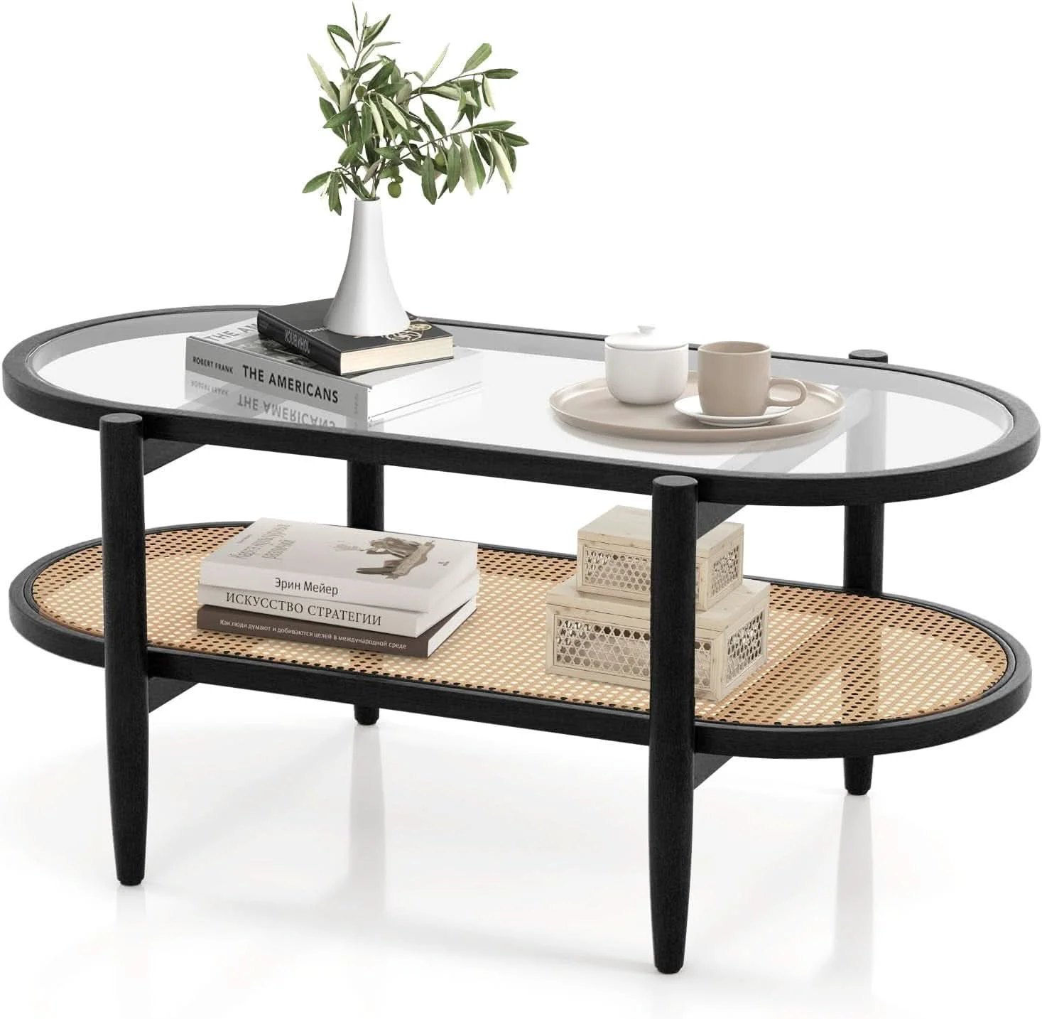 Green Rattan Coffee Table 40 Inch Premium Acacia Wood Finish Recyclable