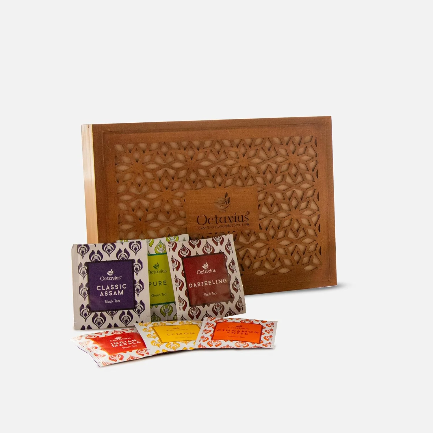 Soft Octavius Floral Cutwork Wooden Tea Sampler Box Tea Variety Pack Sampler Green Black Tea Assortment Gift Box Easy-to-Use