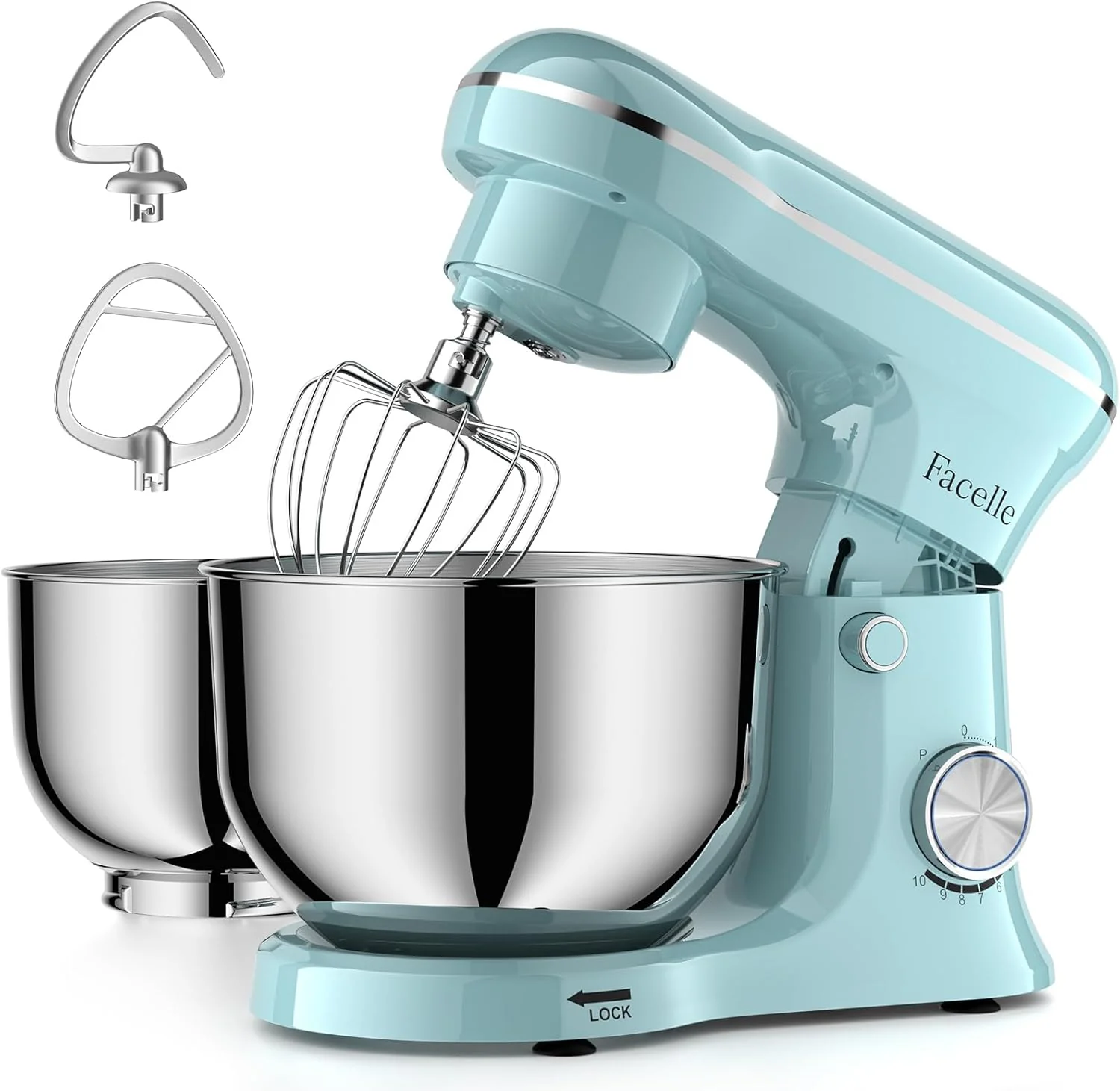 Lightweight Facelle Tilt-Head Stand Mixer 5QT 6QT Stainless Steel Two Bowls 10 Speeds Kitchen Electric Food Mixer with Egg Whisk Dough Hook Beater Fast
