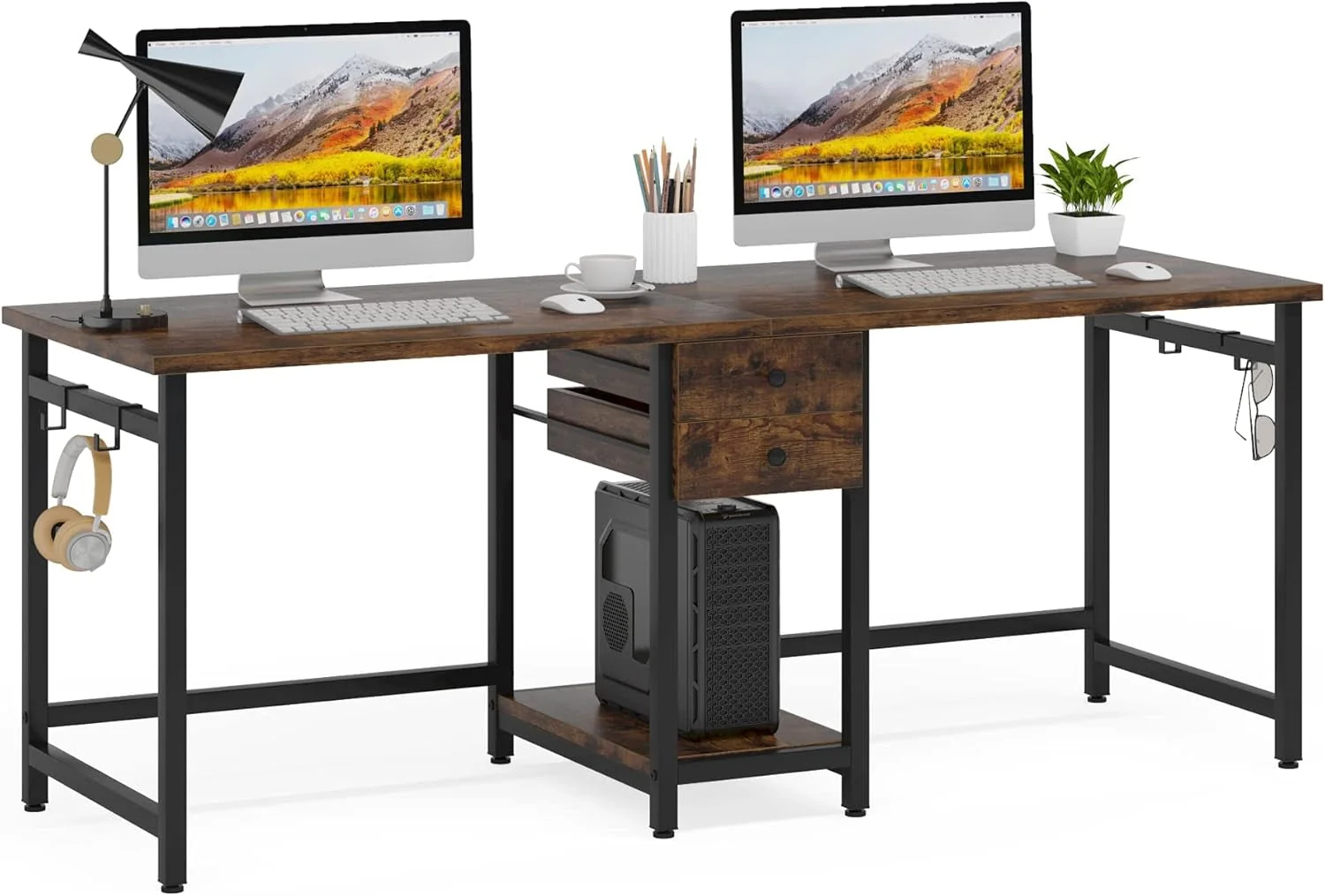 Solid 79Inch RusticBrown Double Desk With Storage Drawer Contemporary