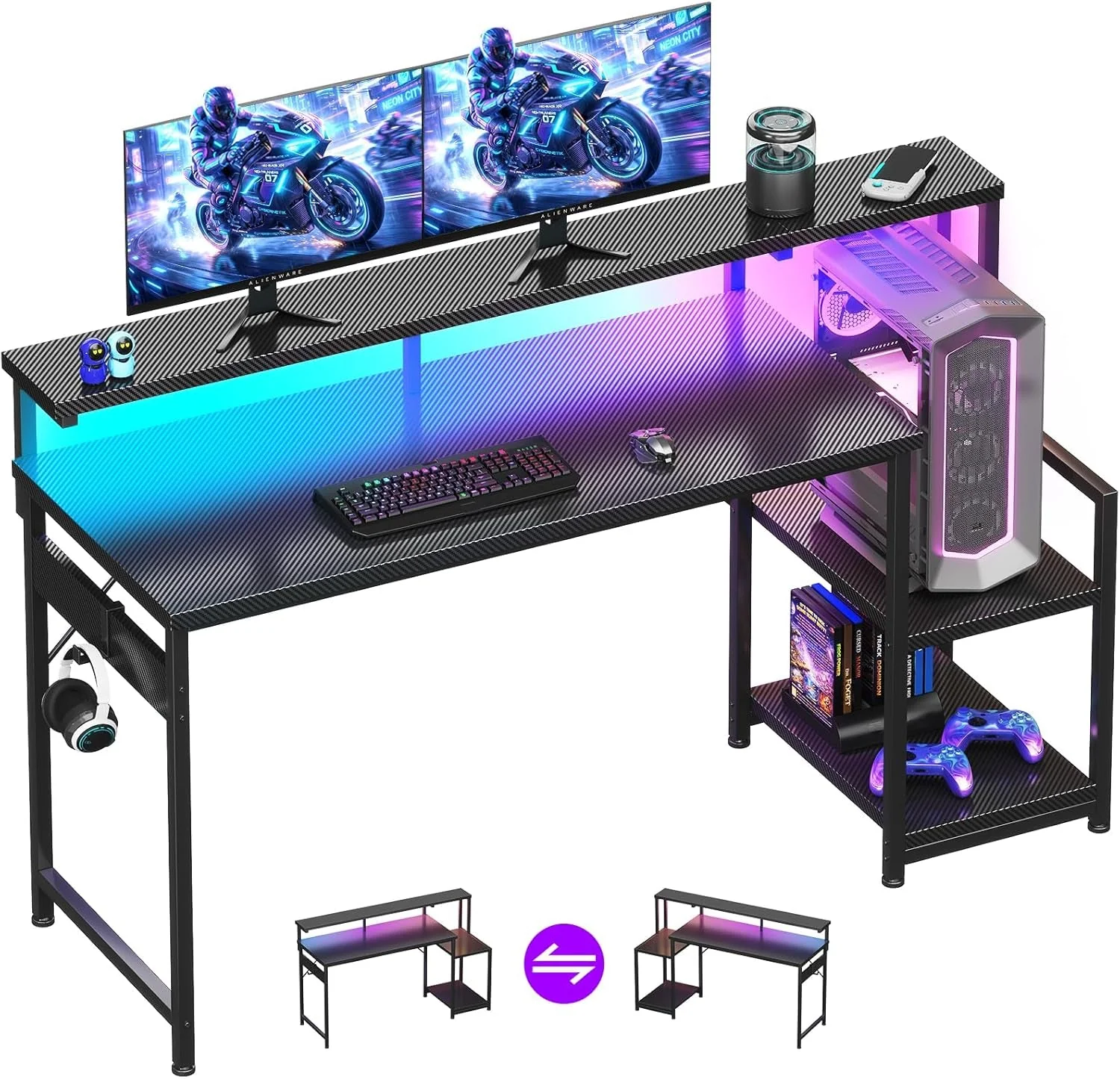 Long-Lasting 55 Inch Gaming Desk With LED Lights Powerful