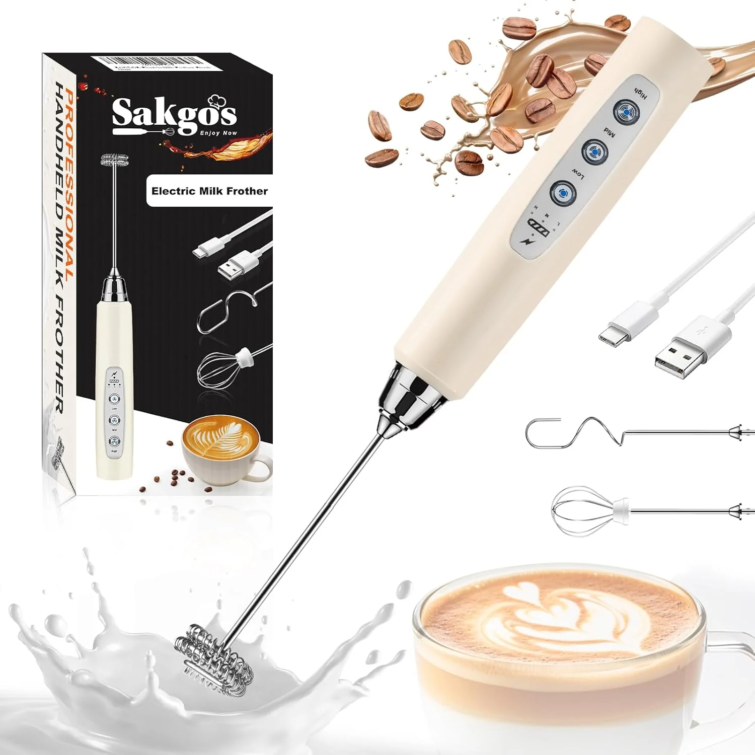 Smooth Milk Frother Rechargeable Handheld for Coffee-Drink Mixer 3 Speed Adjustable Frother Wand with 3 Stainless Whisks Electric Foam Maker Recyclable