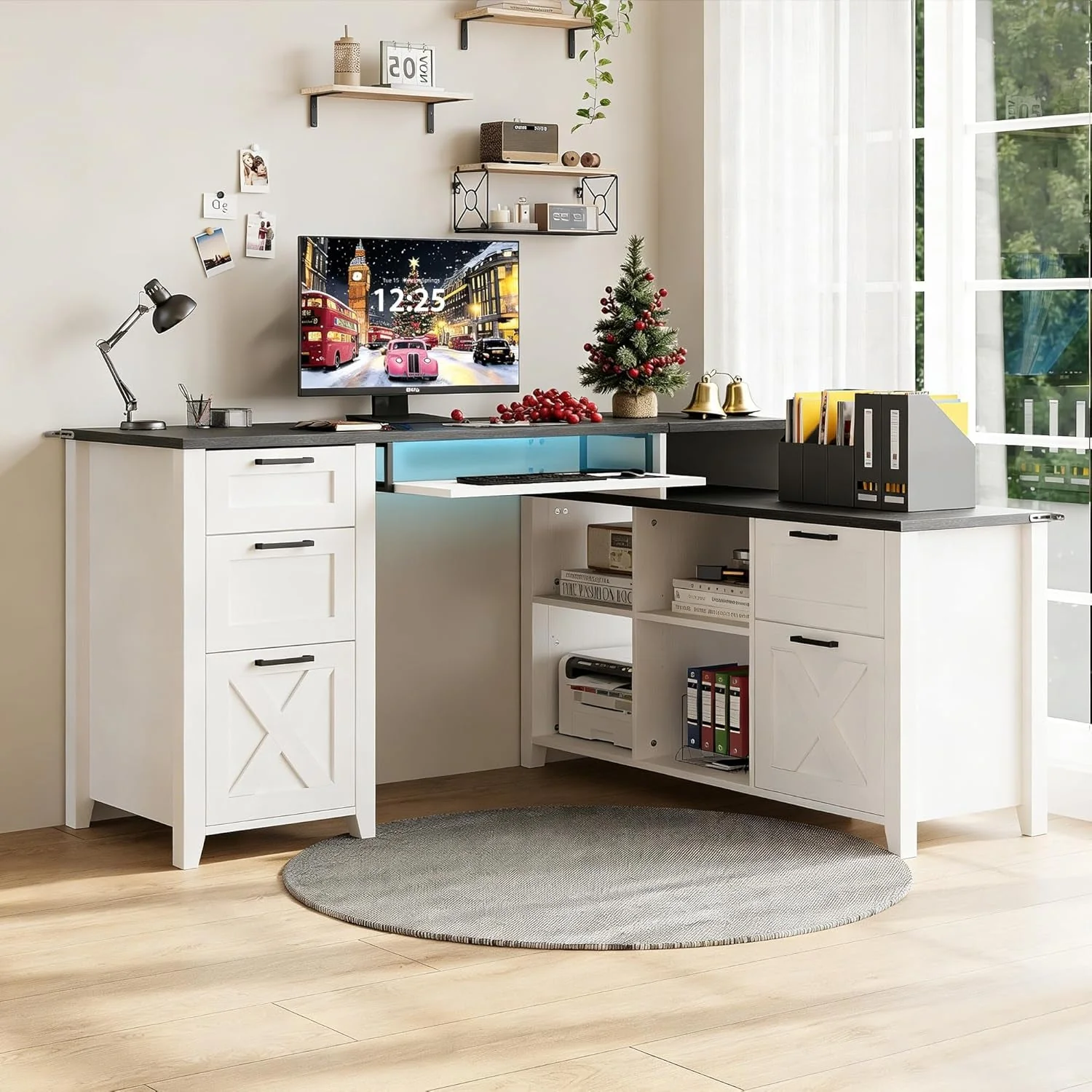 High-Performance White Farmhouse L Shaped Desk With USB Charging 59 Inch Desk Easy-to-Use