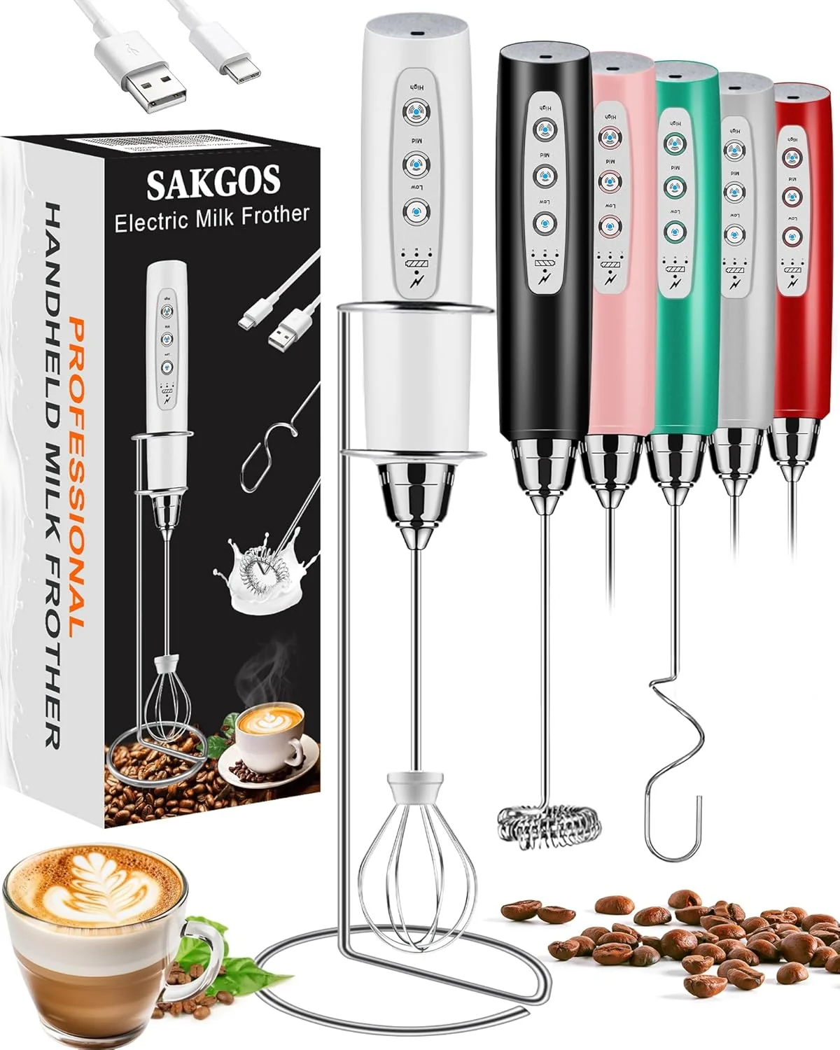 High-End Milk Frother with Stand Rechargeable-Handheld Coffee Frother with 3 Stainless Whisks 3 Speed Adjustable Electric Whisk Drink Mixer Luxury