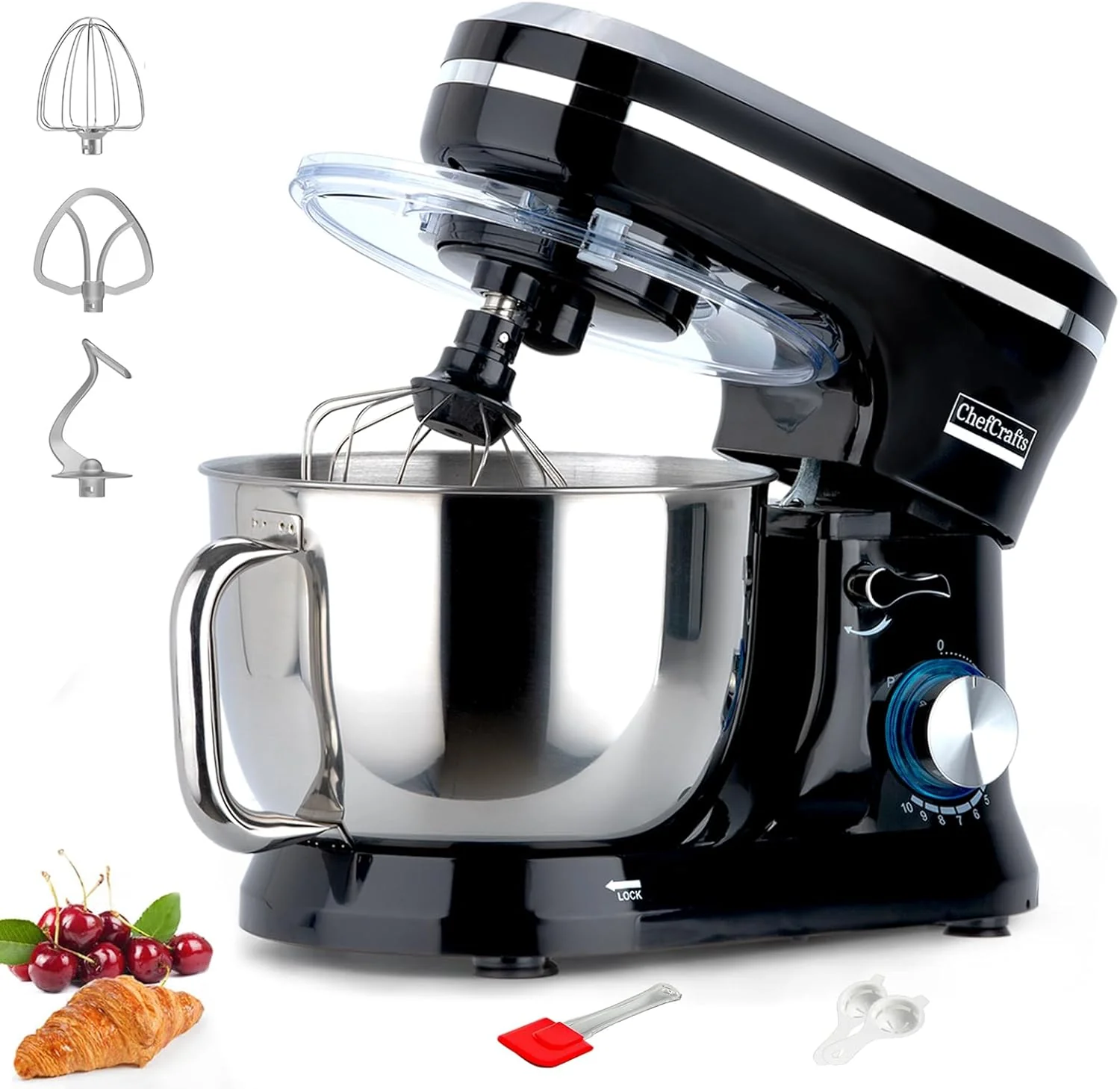 Stylish Household Stand Mixer with 6.5 Quart Bowl Electric Food Mixer 10 p Speeds 660W Kitchen Tilt-Head Bread Dough and Cake Mixers with Dough Hook Whisk Classic