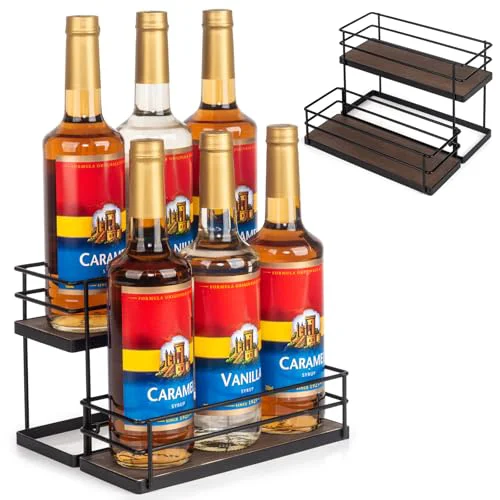 High-Quality 6 Bottle Capacity Coffee Syrup Organizer 2 Tier Coffee Syrup Stand Shelf for Coffee Bar Kitchen Small Wine Rack for Bar Family Storage for Syrup Wine Dressing 13.6 inch es Consistent