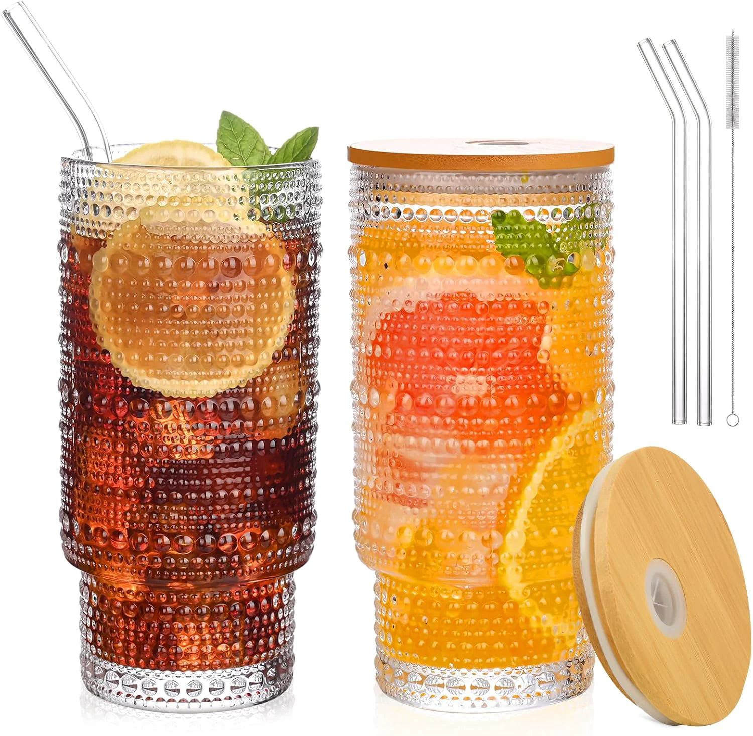 Trendy 16OZ Glass Tumbler with Straw and Lid Glass Cups with Lids and Straws Ribbed Iced Coffee Cups Vintage Embossed Glassware for Juice Whiskey Cocktail Beer 2Pack Eco-Friendly