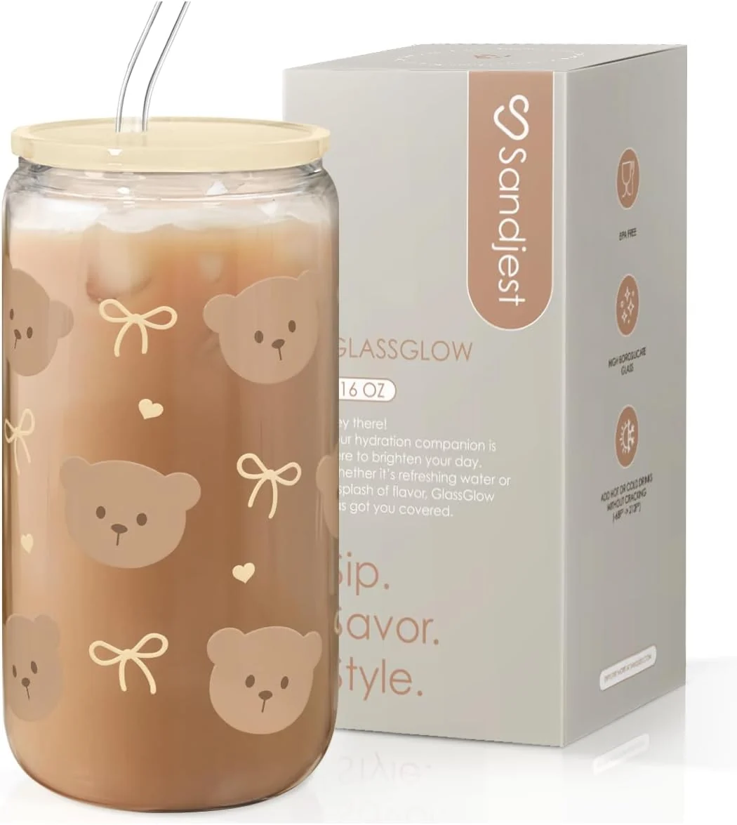 Crafted Sandjest Bear Glass Can Iced Coffee Aesthetic Cup Gift for Christmas Birthday Gifts for Women Girls 16oz Pure