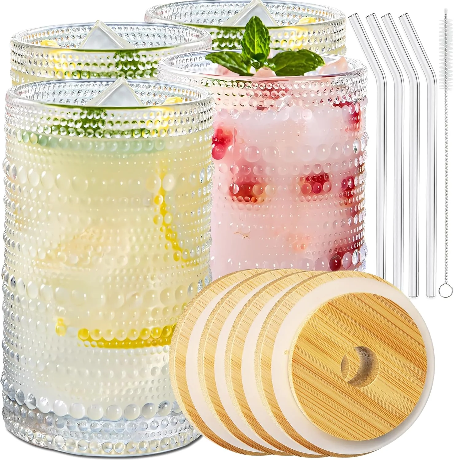 Specialty 4 Pcs Iced Coffee Glasses Cups with Bamboo Lids and Straws 12 oz Thick Emboss Beaded Drinking Glass Cup Set Latte Glasses I for Water Soda Gift Refined