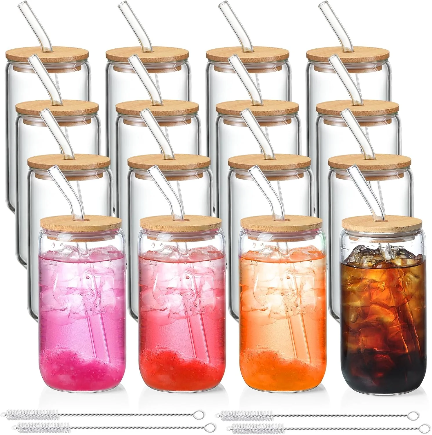 Organic Netany 16 Pack Glass Cups with Lids and Straws 16 oz Personalized Customizable Glasses for Gift Business Drinking glasses set Iced Coffee Cup Healthy