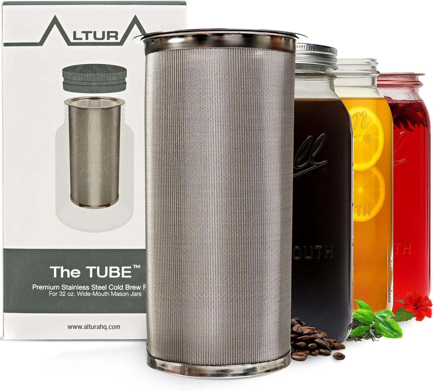 World-Class Altura The TUBE Cold Brew Coffee Maker and Tea Infuser for Wide Mouth Mason Jars – Stainless Steel Cold Brew Filter Strainer for Iced Coffee Fruit Water amp More – 32oz 1qt Carefully Designed