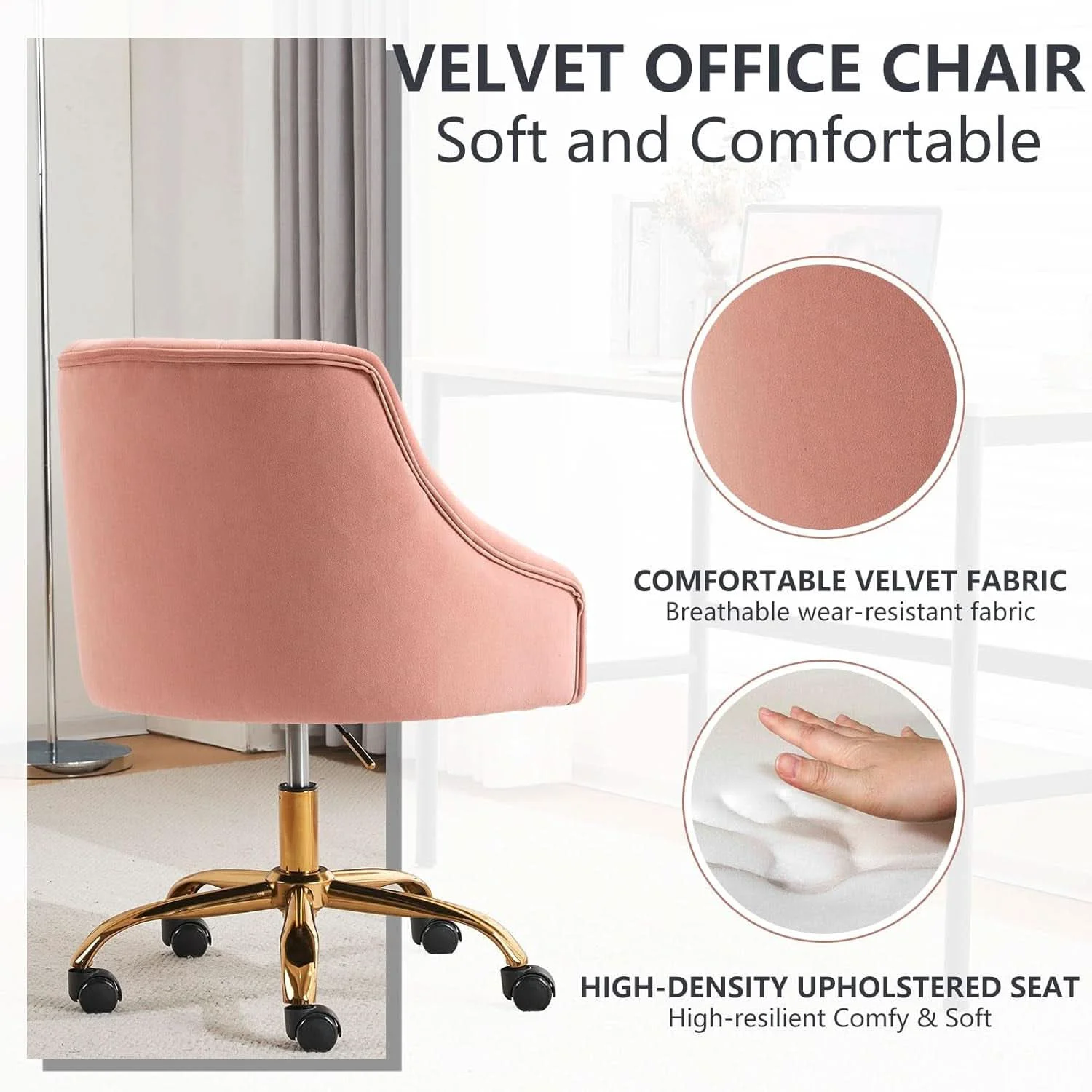 Sustainable Pink Velvet Office Chair 360 Swivel Modern Desk Chair Minimalist