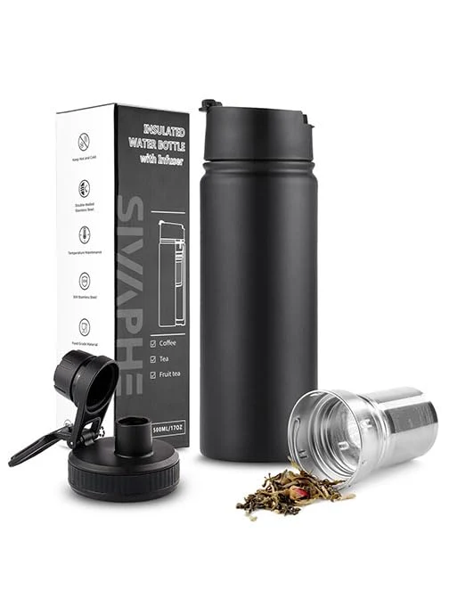 Unique Tea Infuser Bottle With Removable Loose Leaf Tea Strainer Cup 18 8 Stainless Steel Insulated Travel Tea Tumbler Black Lightweight