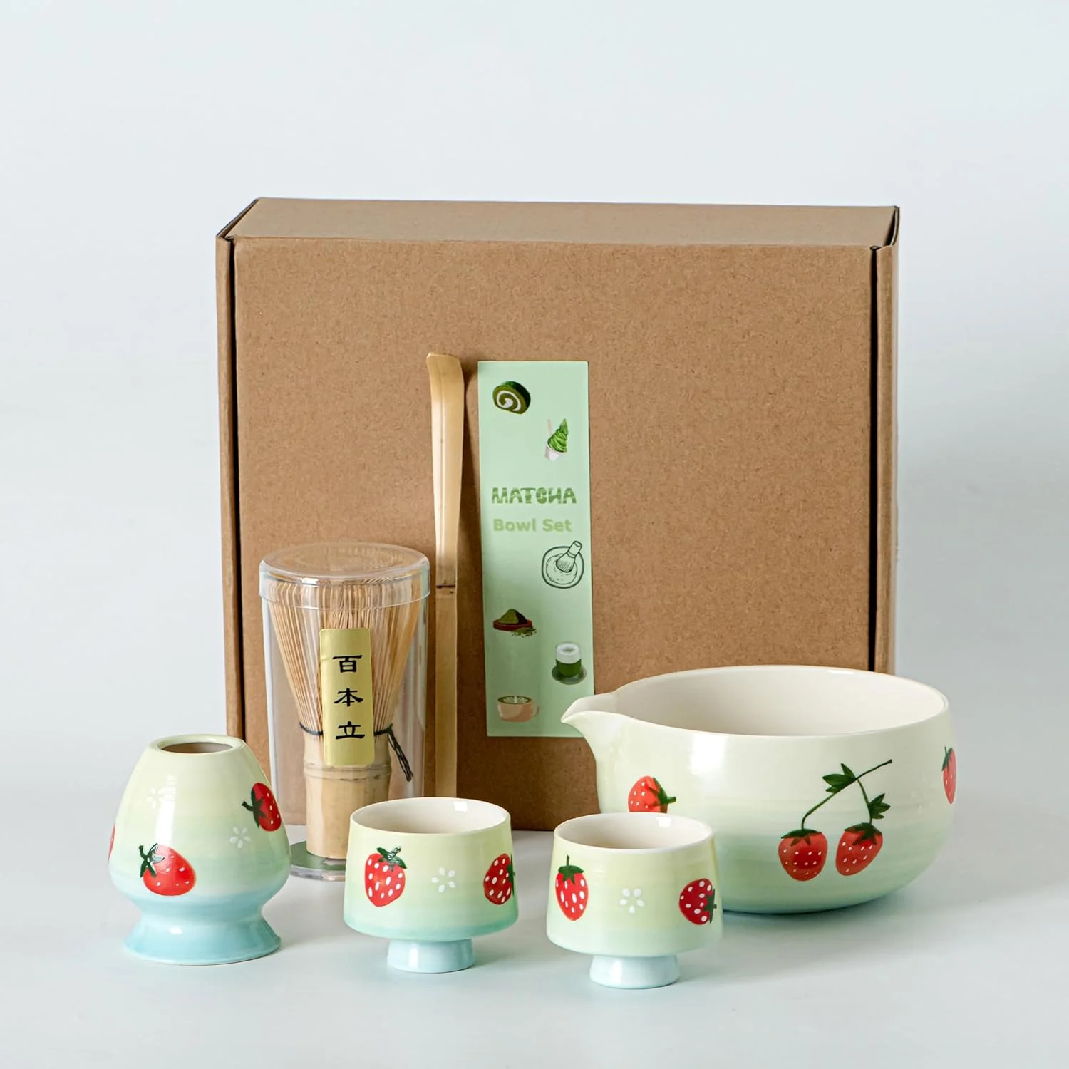 Trendy Matcha Whisk Set Cute Strawberry Matcha Bowl Set with 2 Cups Bamboo Whisk Scoop Holder Matcha Kit Gift for Tea Lovers and Tea Ceremony Original Design